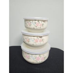 Pfaltzgraff Tea Rose enamel mixing bowl set with lids